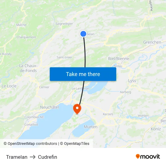 Tramelan to Cudrefin map