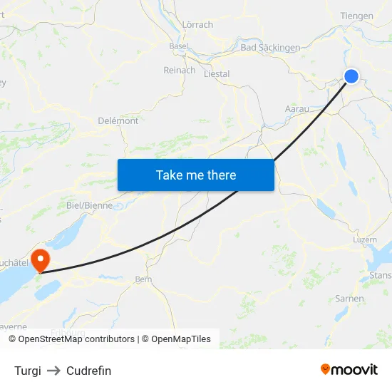 Turgi to Cudrefin map