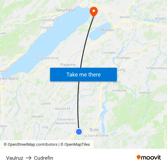 Vaulruz to Cudrefin map