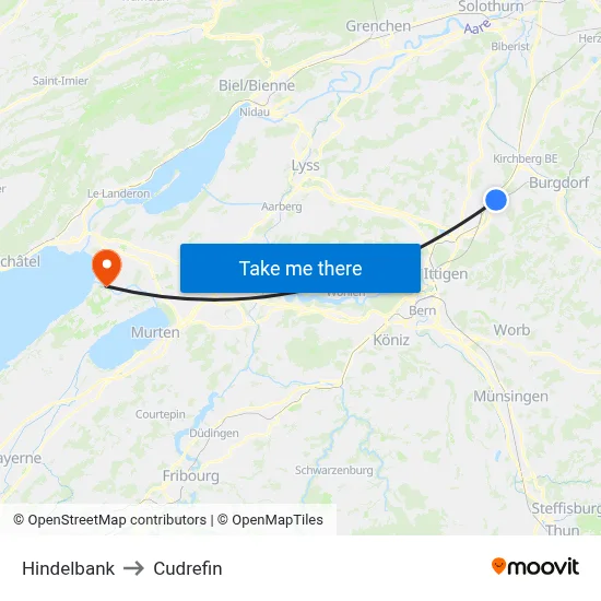 Hindelbank to Cudrefin map