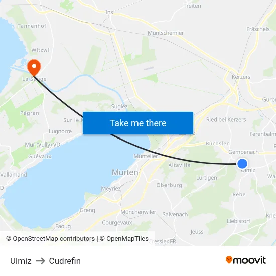 Ulmiz to Cudrefin map