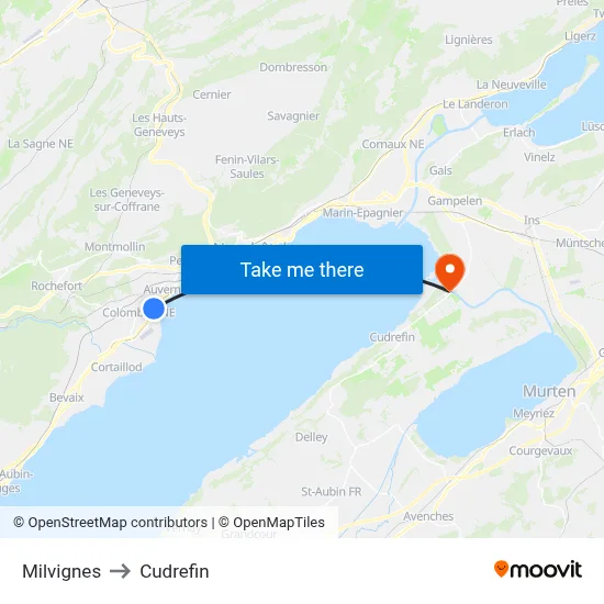 Milvignes to Cudrefin map