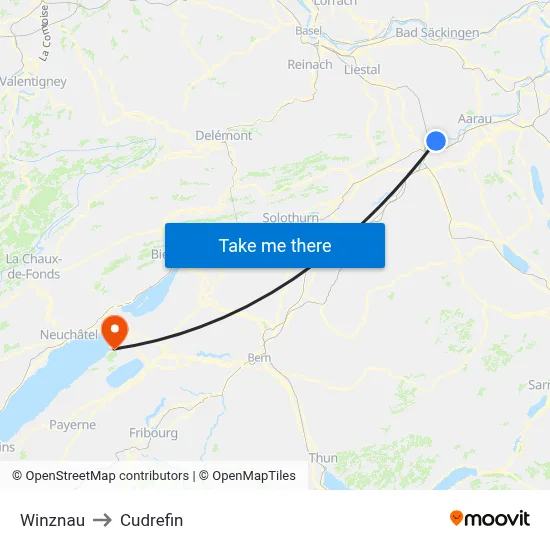 Winznau to Cudrefin map