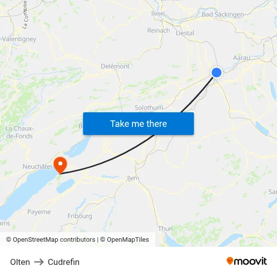 Olten to Cudrefin map