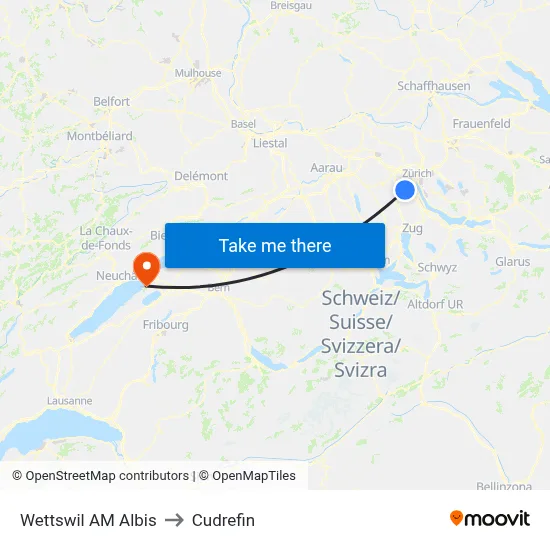 Wettswil AM Albis to Cudrefin map