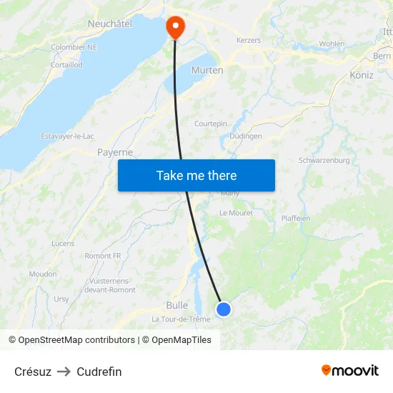 Crésuz to Cudrefin map