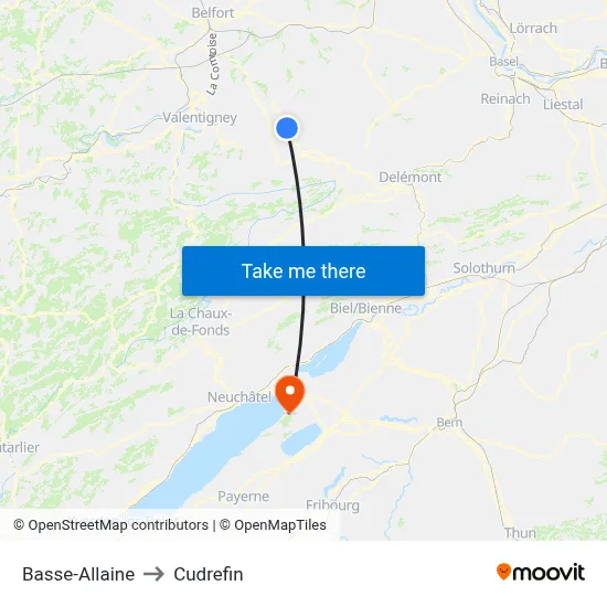 Basse-Allaine to Cudrefin map