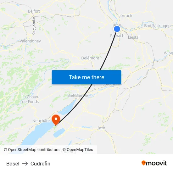 Basel to Cudrefin map