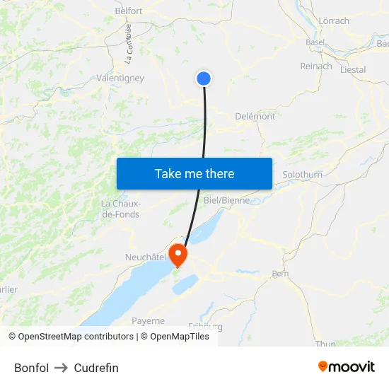 Bonfol to Cudrefin map