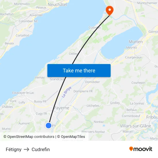 Fétigny to Cudrefin map