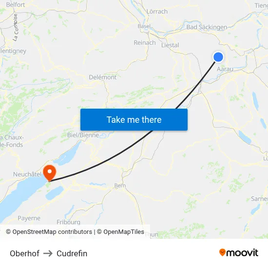 Oberhof to Cudrefin map