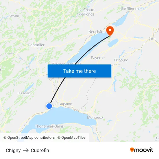 Chigny to Cudrefin map