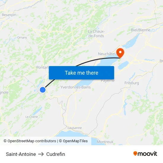 Saint-Antoine to Cudrefin map