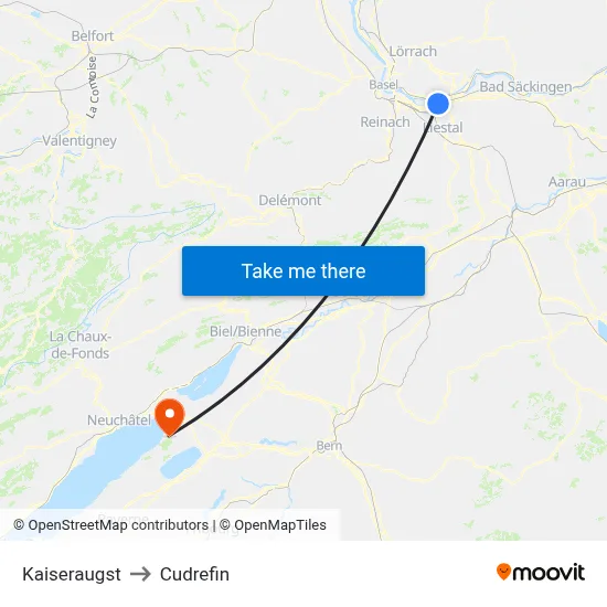 Kaiseraugst to Cudrefin map