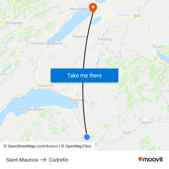 Saint-Maurice to Cudrefin map