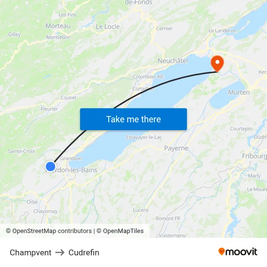 Champvent to Cudrefin map