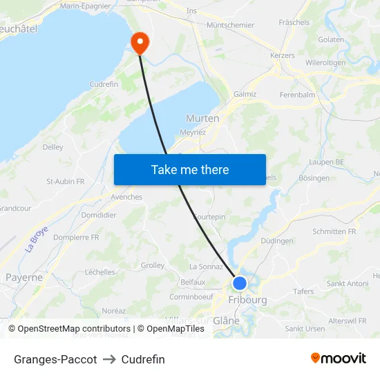 Granges-Paccot to Cudrefin map