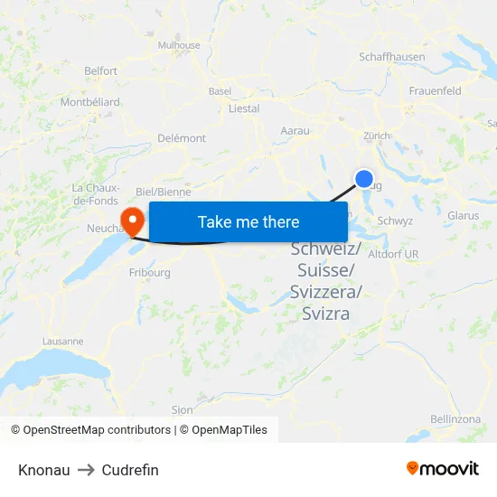 Knonau to Cudrefin map