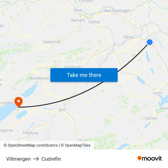 Villmergen to Cudrefin map