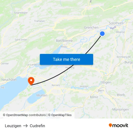 Leuzigen to Cudrefin map
