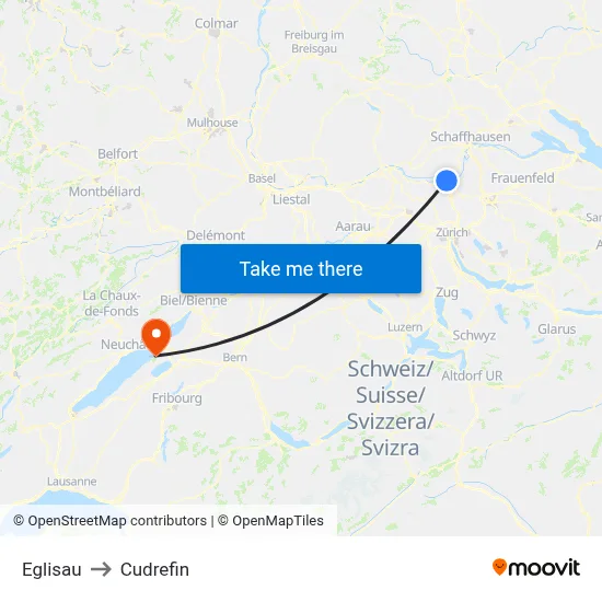 Eglisau to Cudrefin map