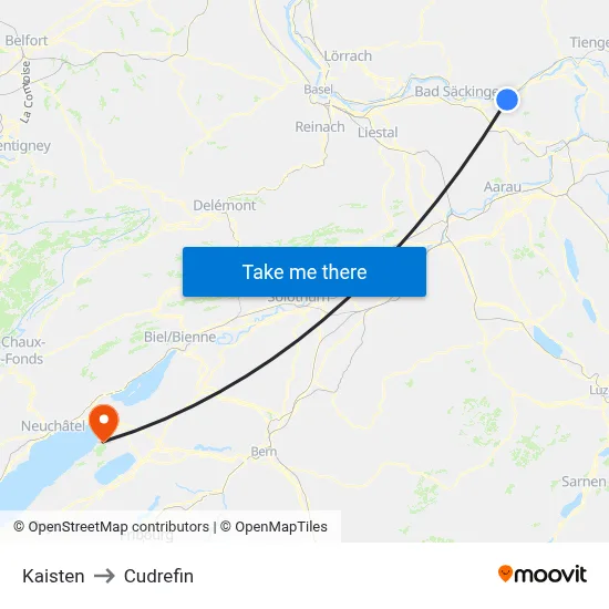 Kaisten to Cudrefin map