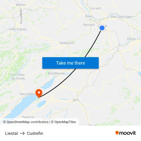 Liestal to Cudrefin map