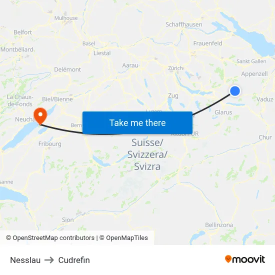 Nesslau to Cudrefin map