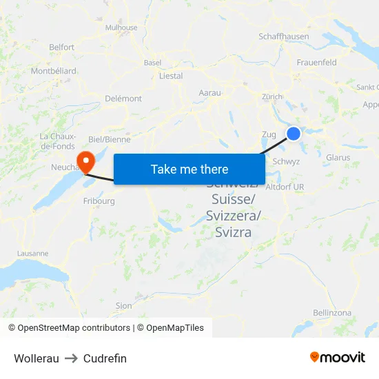 Wollerau to Cudrefin map