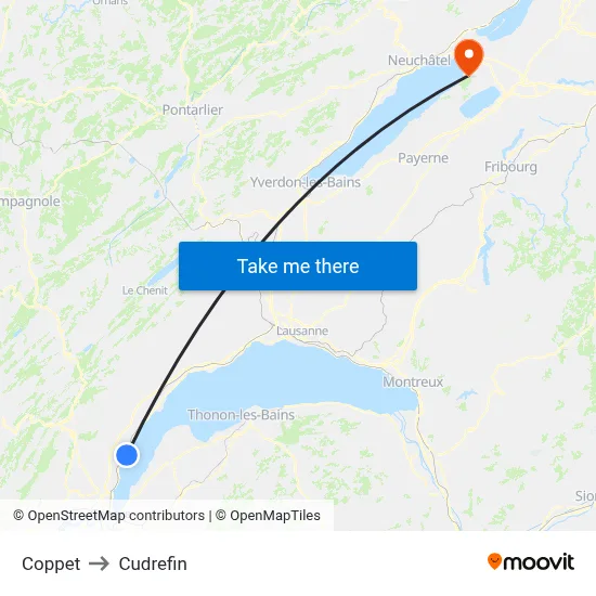 Coppet to Cudrefin map