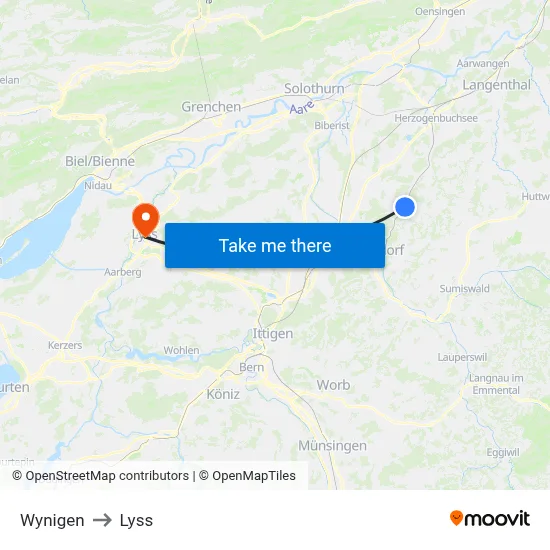 Wynigen to Lyss map