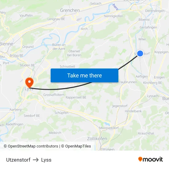 Utzenstorf to Lyss map