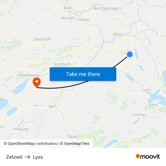 Zetzwil to Lyss map