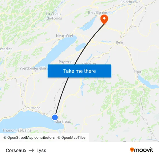 Corseaux to Lyss map