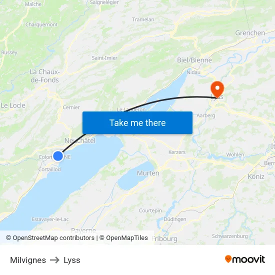 Milvignes to Lyss map