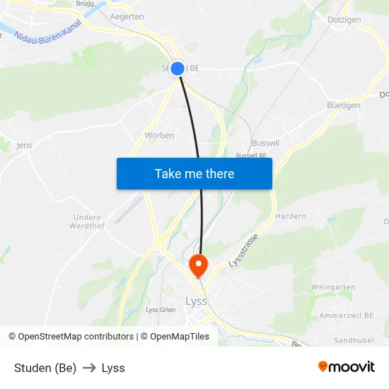 Studen (Be) to Lyss map