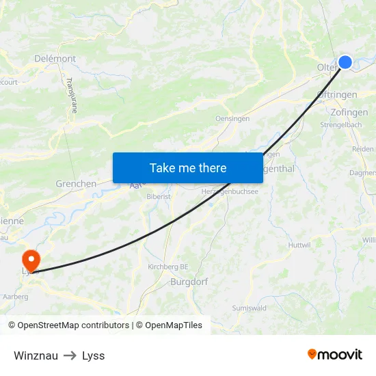 Winznau to Lyss map