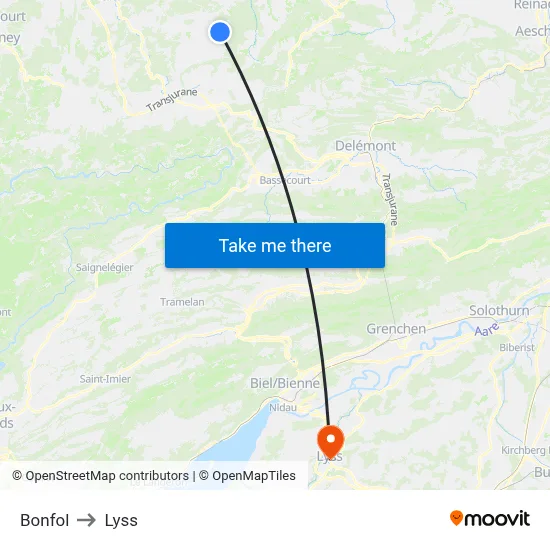 Bonfol to Lyss map
