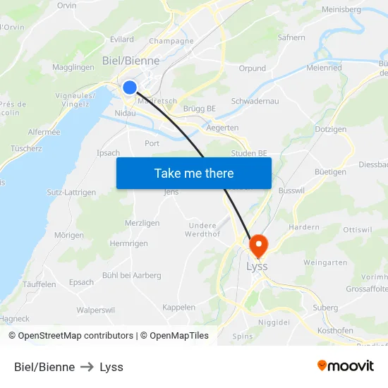 Biel/Bienne to Lyss map