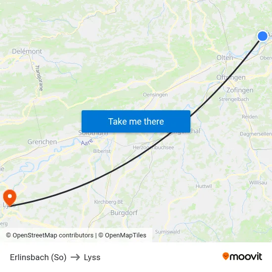 Erlinsbach (So) to Lyss map