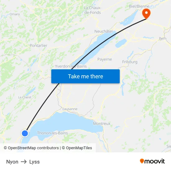 Nyon to Lyss map
