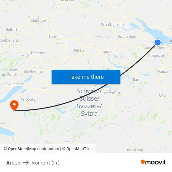 Arbon to Romont (Fr) map