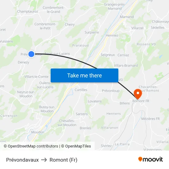 Prévondavaux to Romont (Fr) map