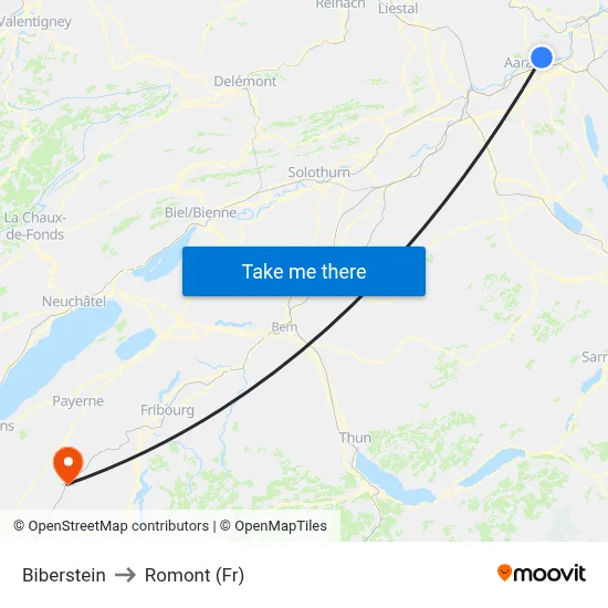 Biberstein to Romont (Fr) map