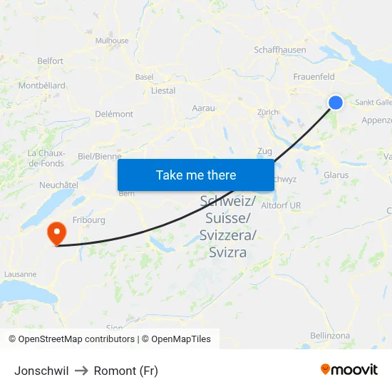 Jonschwil to Romont (Fr) map