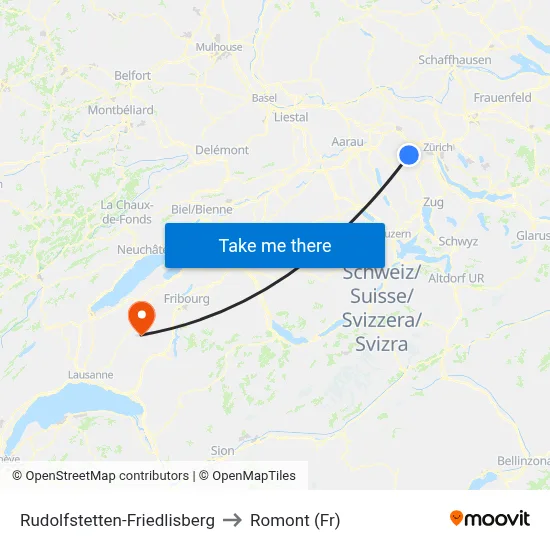 Rudolfstetten-Friedlisberg to Romont (Fr) map
