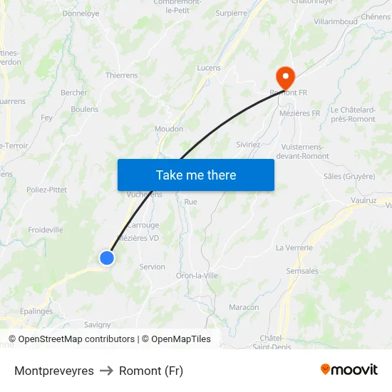 Montpreveyres to Romont (Fr) map