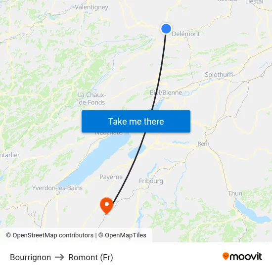 Bourrignon to Romont (Fr) map
