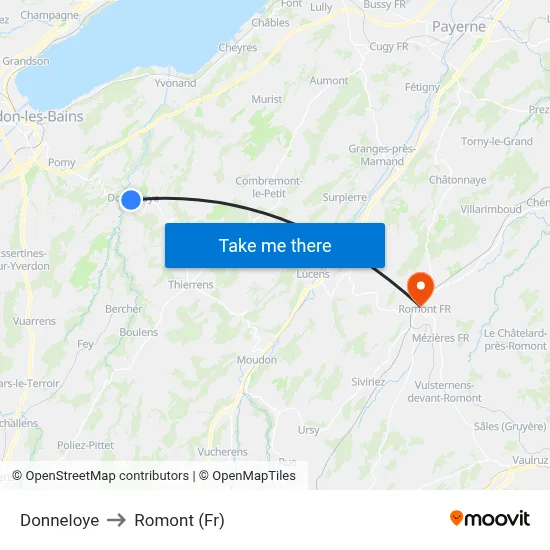 Donneloye to Romont (Fr) map
