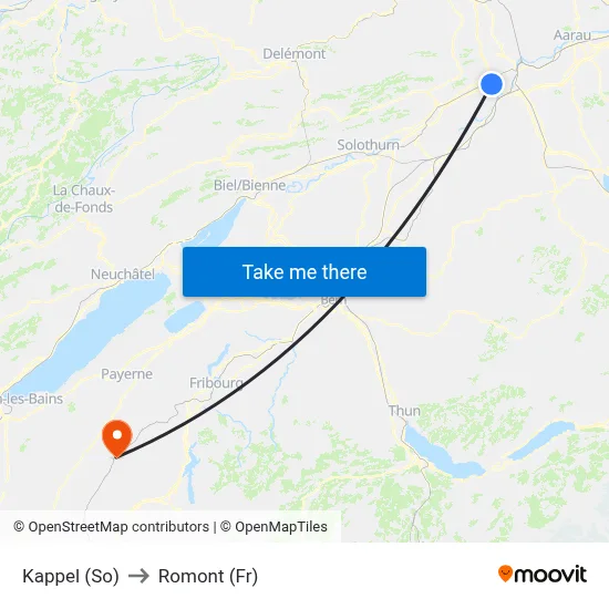 Kappel (So) to Romont (Fr) map